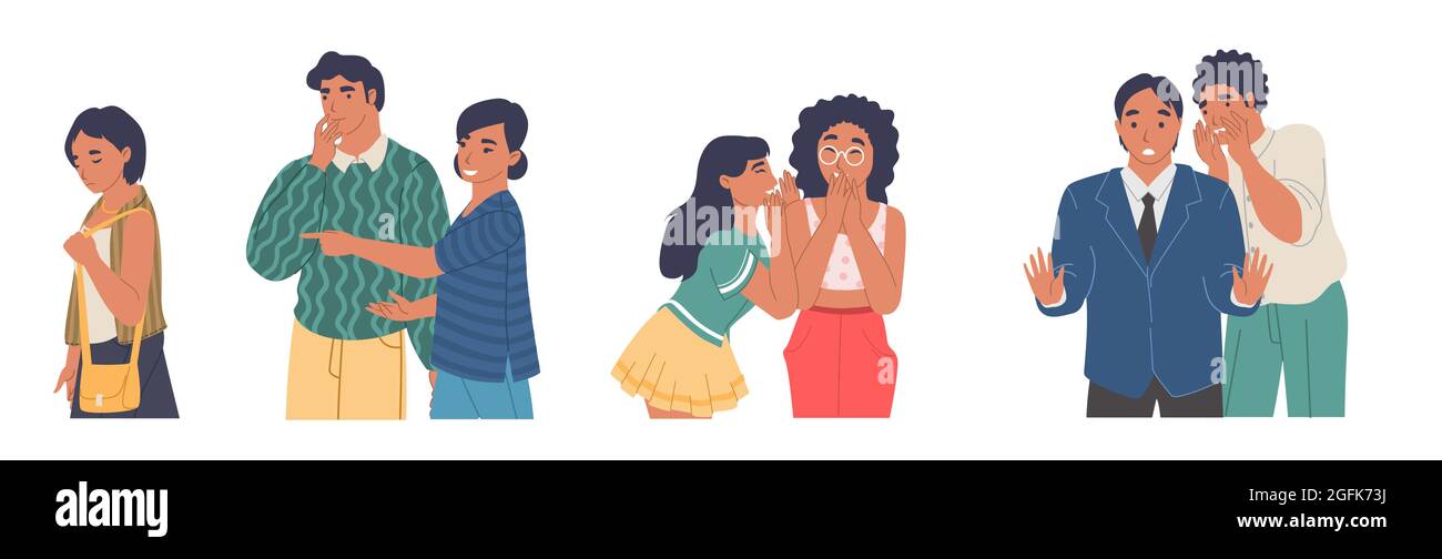 People gossiping, whispering, spreading rumors pointing at passing sad girl, vector illustration. Stock Vector