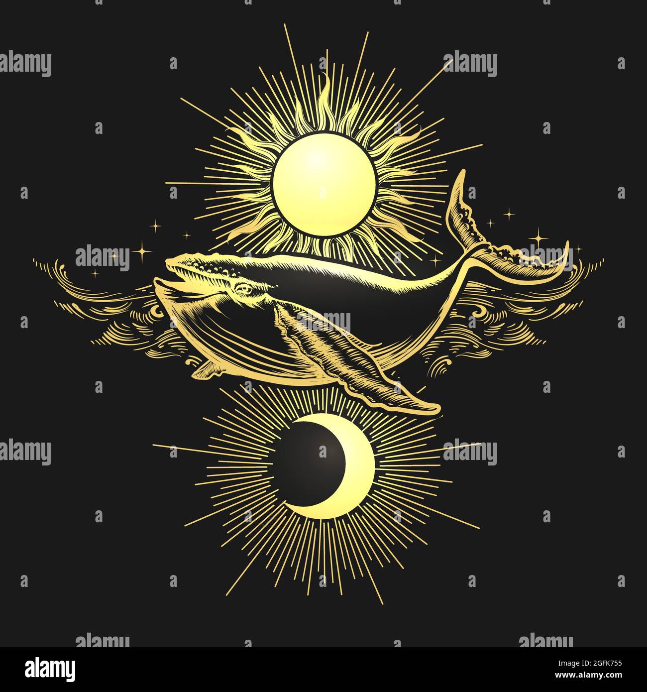 Golden Whale flying in a sky against Sun and Moon Drawn in Engraving style. Vector illustration Stock Vector