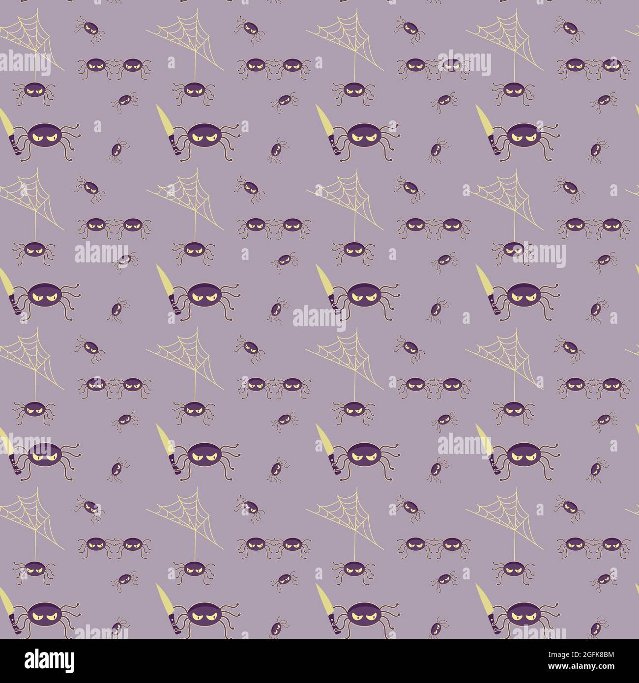 Seamless pattern with evil Halloween spiders with knife on gray background Stock Vector