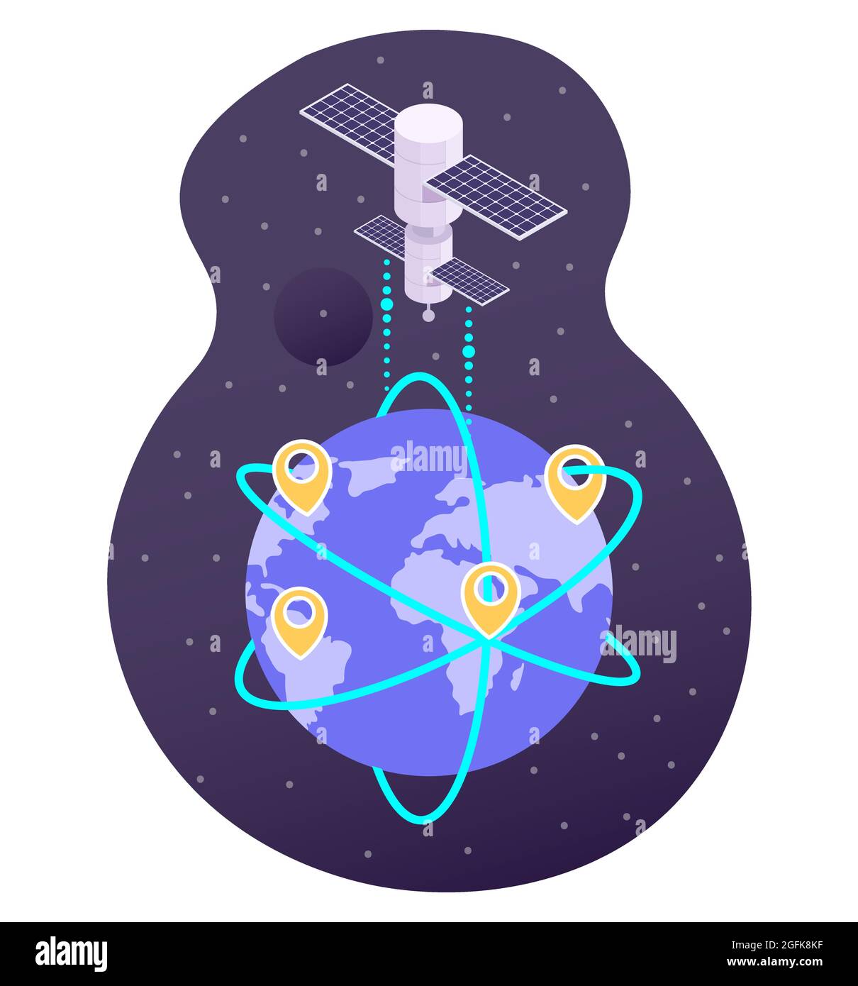 Satellite broadcasting signal from space to Earth, flat vector