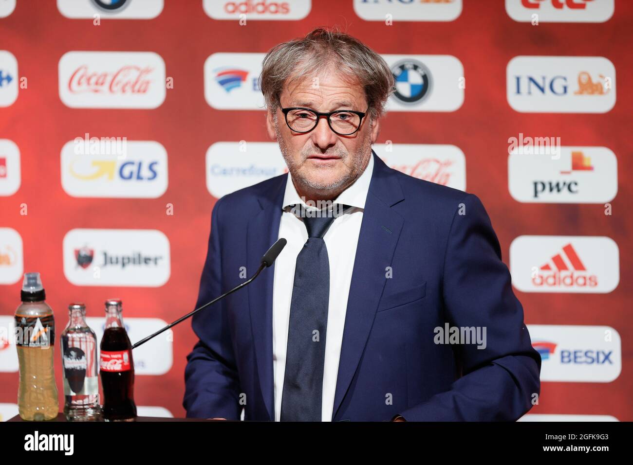 Belgium's u21 head coach Jacky Mathijssen pictured during a press conference of Belgian national soccer team Red Devils to announce the selection for Stock Photo