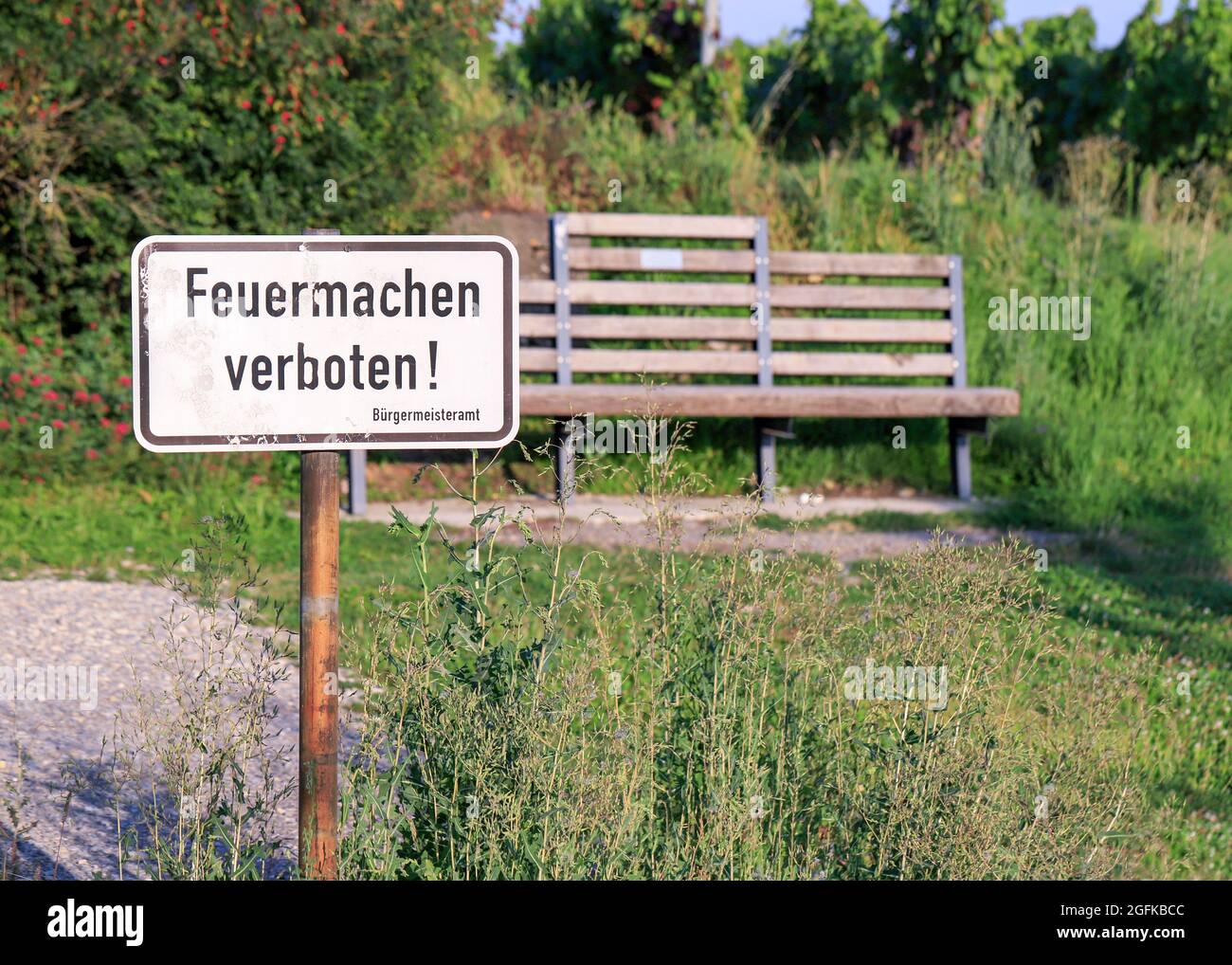 Feuermachen Verboten Hinweisschild vor einer Holzbank in einem Weinberg in Besigheim, Baden-Württemberg, Deutschland Stock Photo