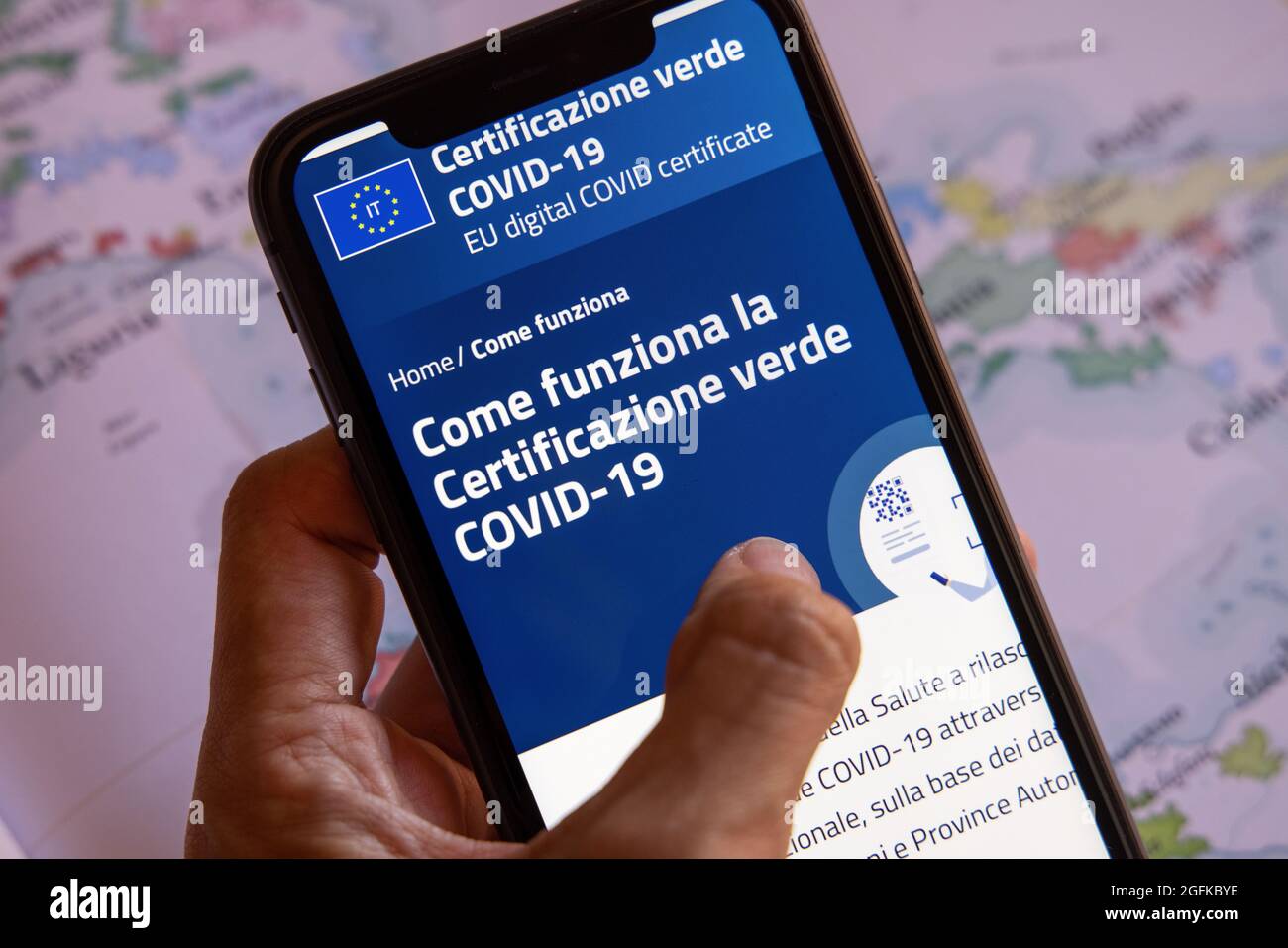 EU Digital certificate Covid-19. Green or Covid Pass. Covid or Coronavirus vaccine certificate, passport app with QR code on map of Europe. Stock Photo