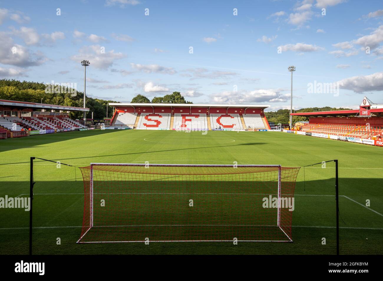 General view of modern lower league football / soccer ground. Lamex