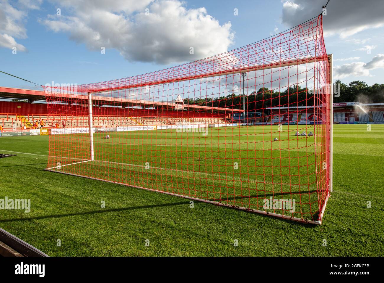 General view of modern lower league football / soccer ground. Lamex Stadium, Broadhall Way, Home of Stevenage Football Club Stock Photo