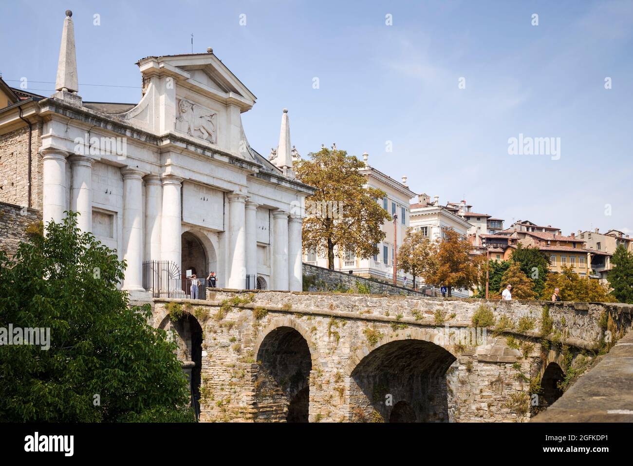 Citta Alta, Bergamo, Italy: Venetian defensive city walls of the Renaissance period, a UNESCO World Heritage Site; Gateway, the Porta San Giacomo. Stock Photo