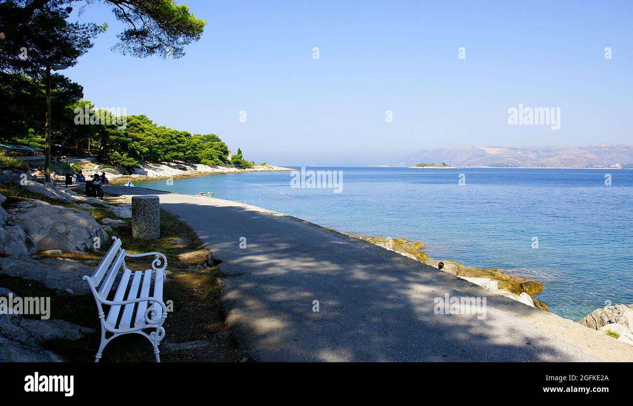 White bench on the Ronda promenade in Cavtat, Croatia, Europe Stock Photo