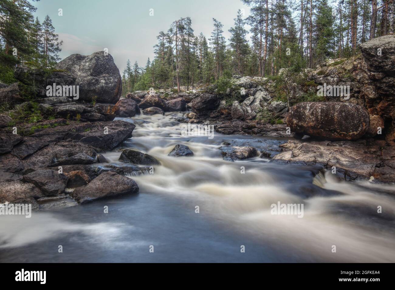 Long exposure shot of rapids in Muddus National Park in Sweden. Stock Photo