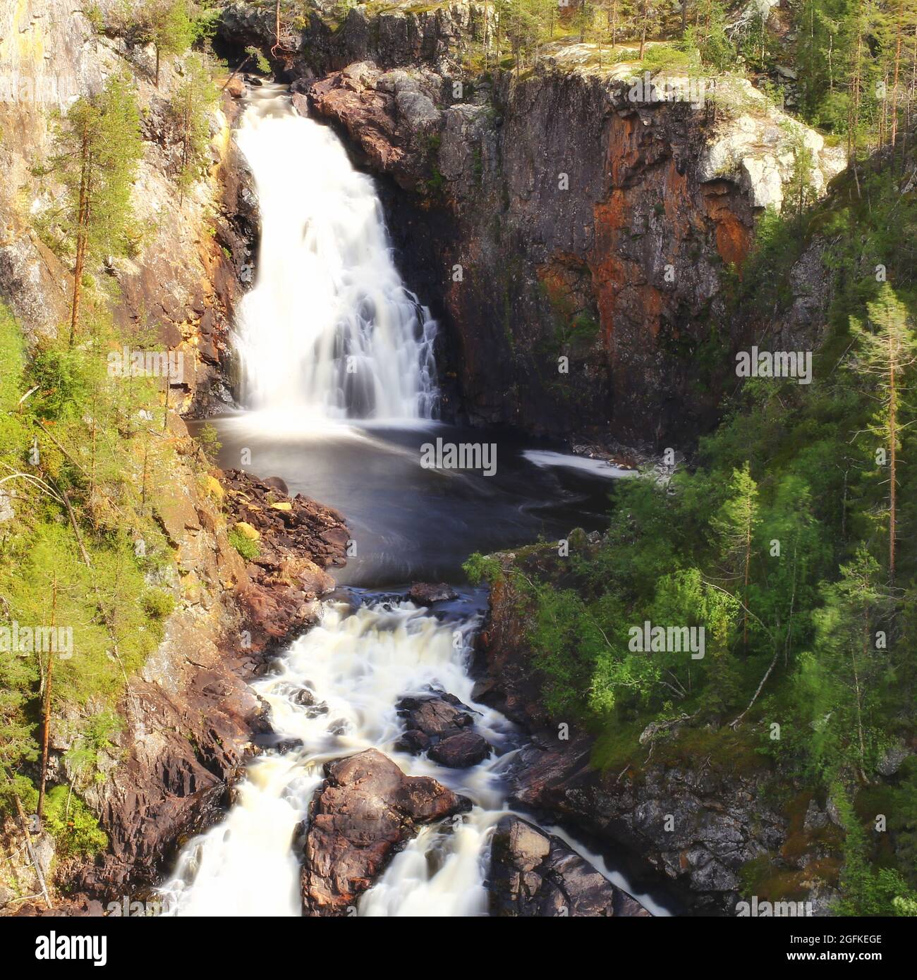 Long exposure shot of waterfall in Muddus National Park in Sweden. Stock Photo