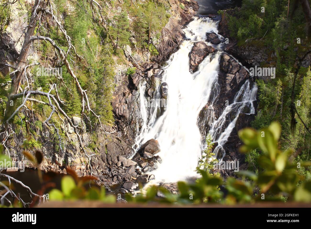 Long exposure shot of waterfall in Muddus National Park in Sweden. Stock Photo