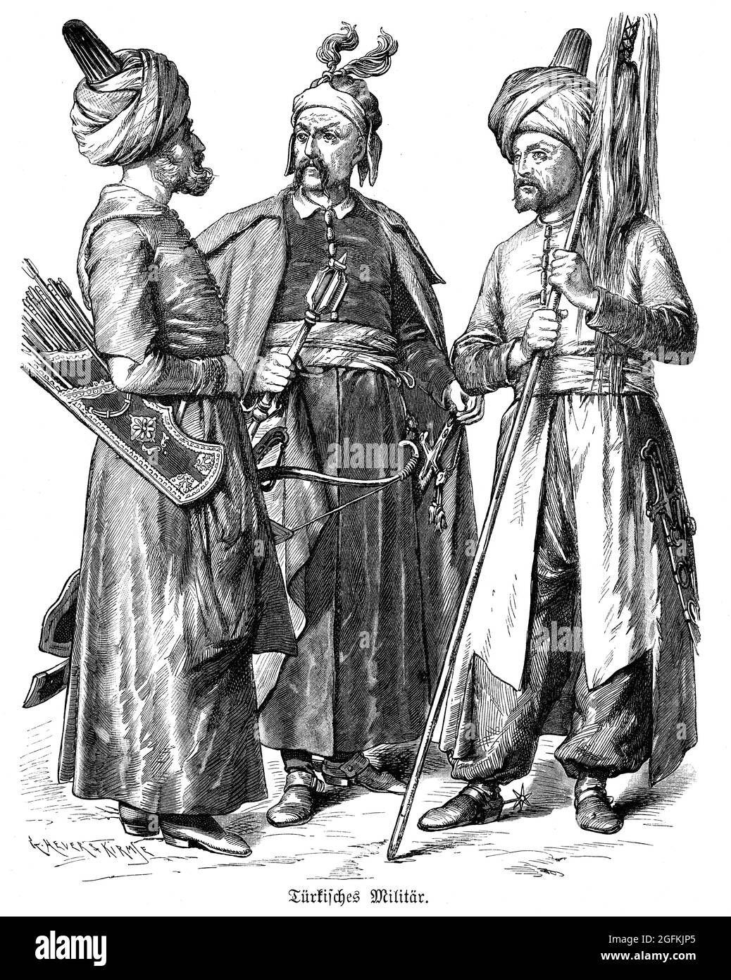 Three Turkish Military Officers with historic weapons in Army Uniforms with headscarfs. Ottoman Empire İstanbul, Turkey. Engraving in black and white Stock Photo