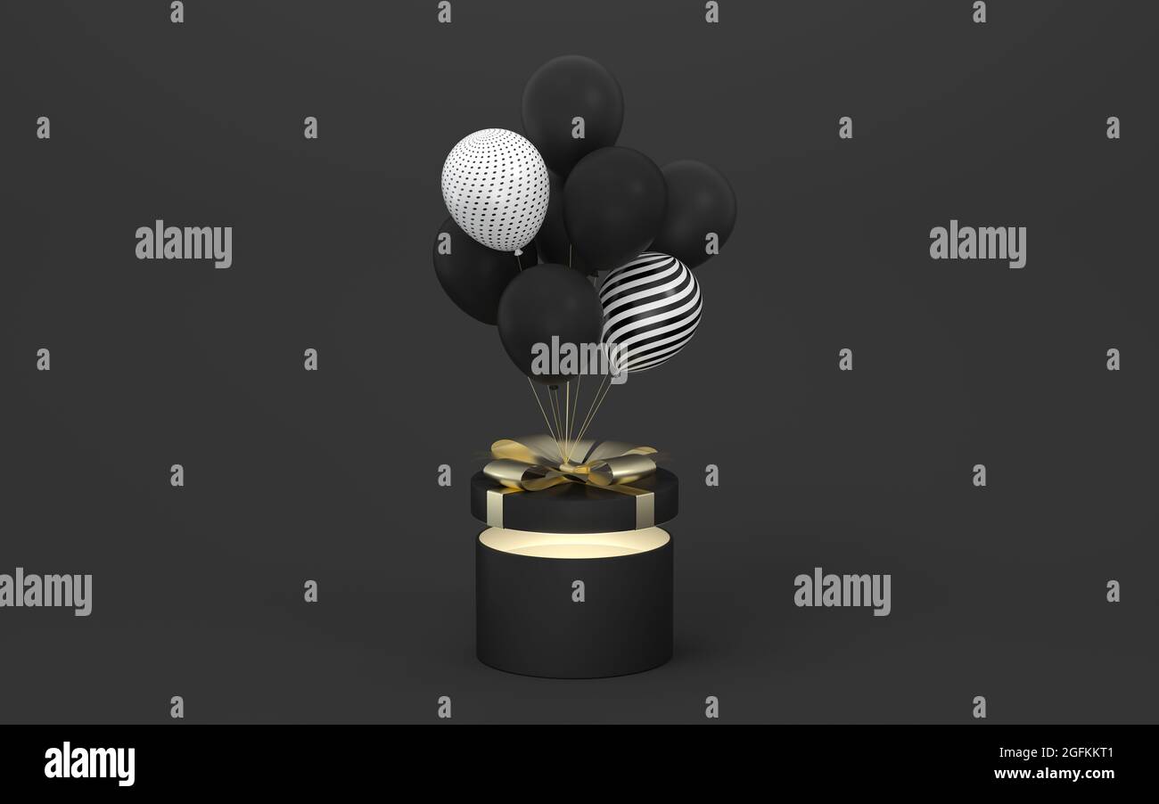Balloons and presents with black background, 3d rendering. Computer ...