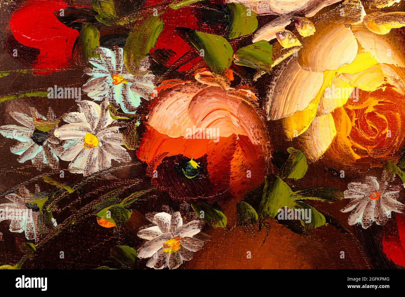 Close of fragment of oil painting depicting still life of flowers in vase. Macro impasto painting. Stock Photo