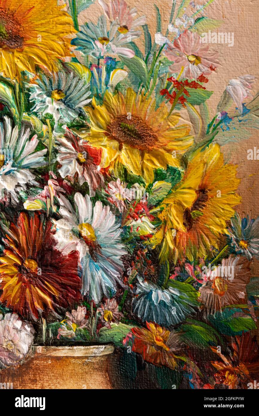 Close of fragment of oil painting depicting still life of flowers in ...