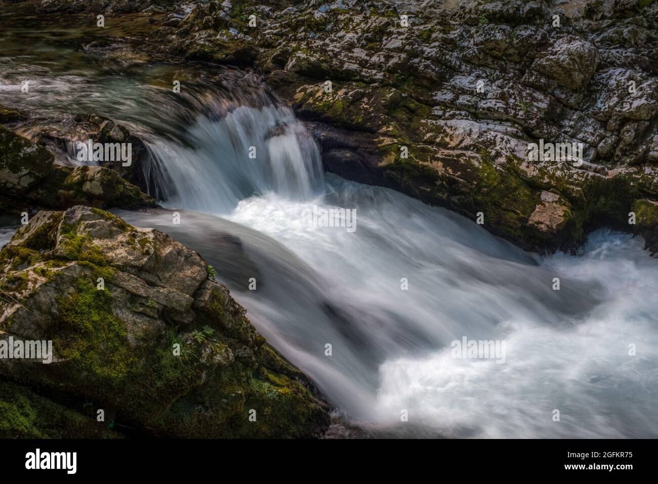Long Exposure Waterfall at Radovna River in Vintgar Gorge,Slovenia Stock Photo