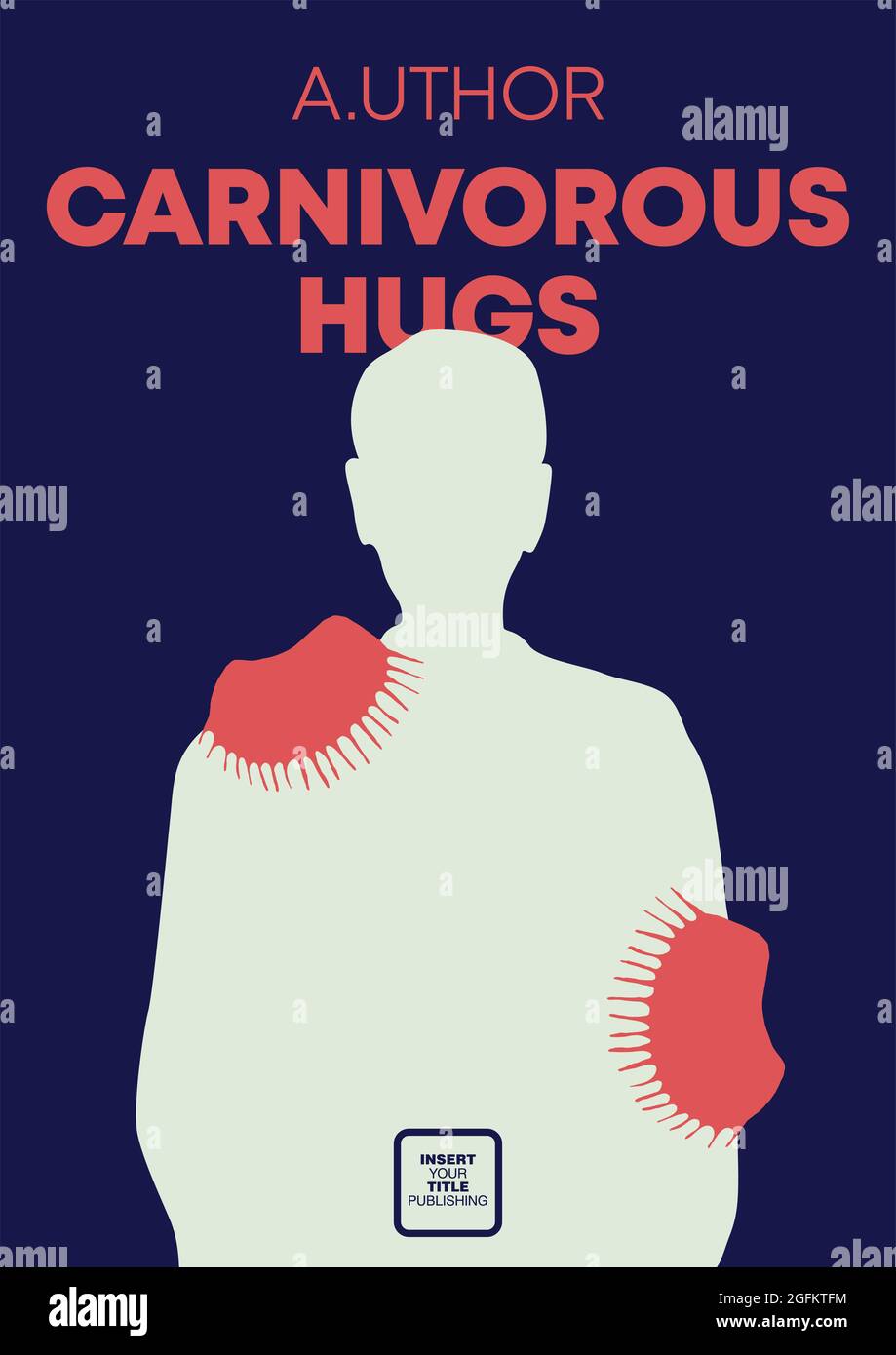 Venus flytrap leaves as hands hugging young man. Book cover creative concept. Applicable for books, posters, placards etc. Stock Vector