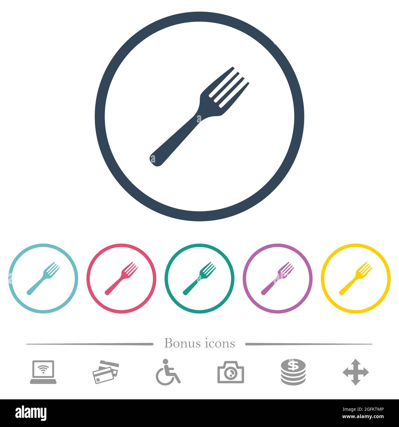 Single fork flat color icons in round outlines. 6 bonus icons included ...
