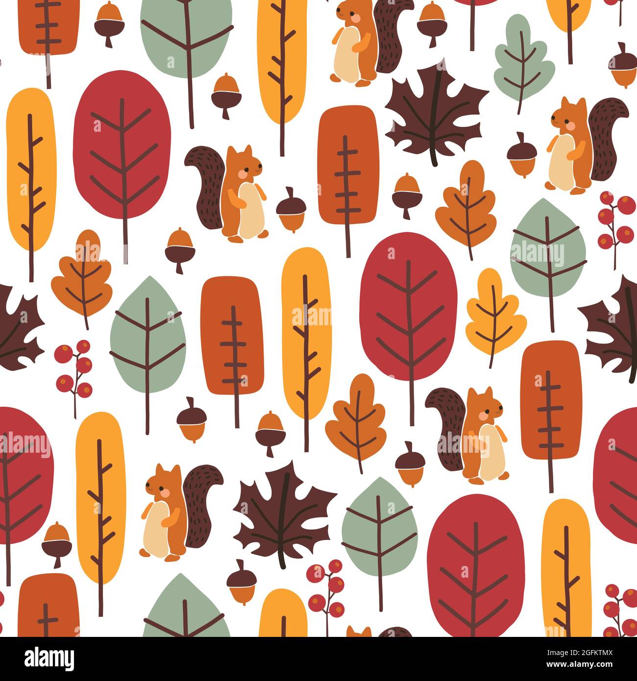 Seamless pattern with cute squirrel, autumn leaves, trees, nuts ...