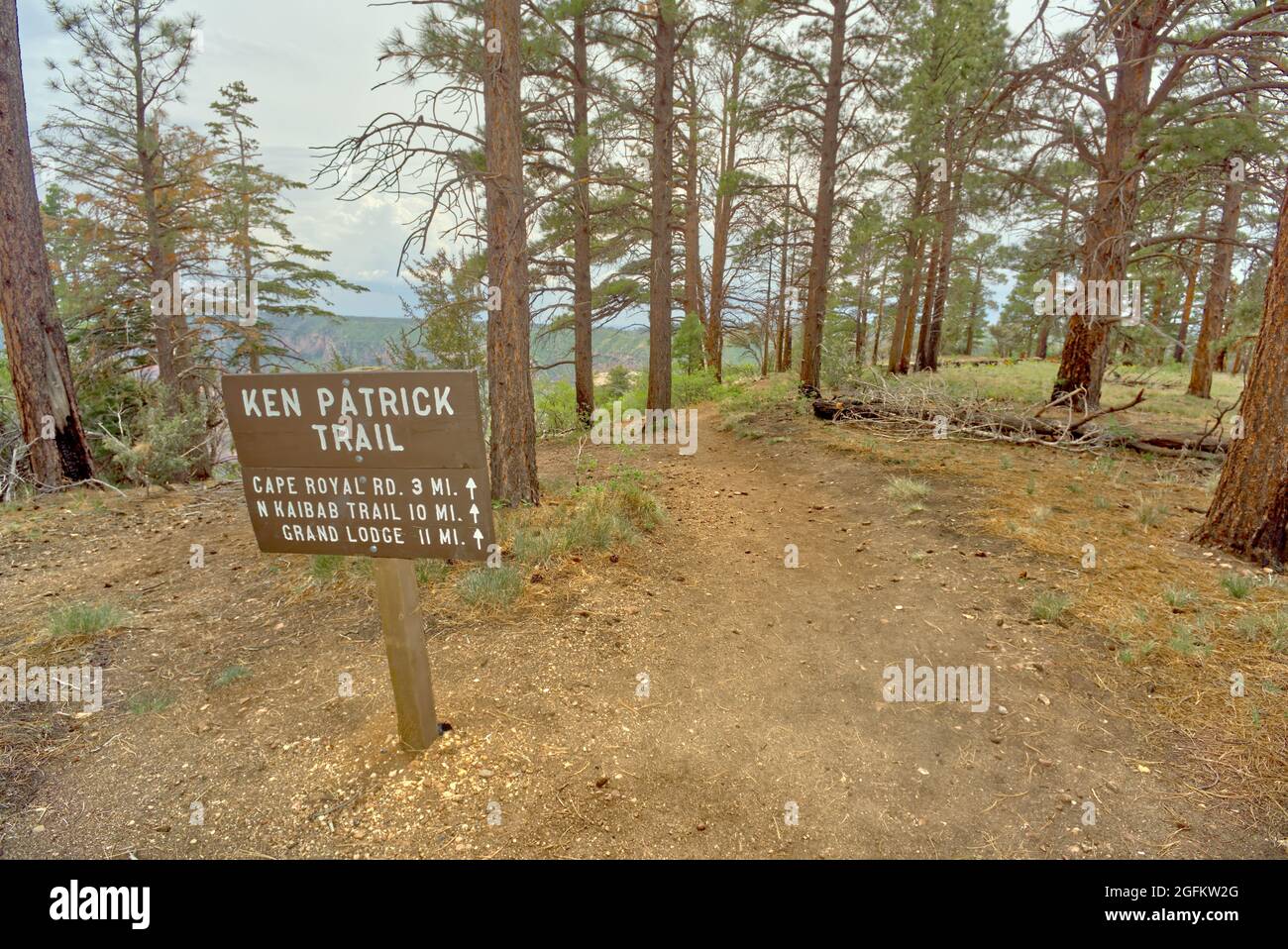 Ken Patrick Trailhead sign at Point Imperial on the north rim of the Grand Canyon Arizona. Stock Photo