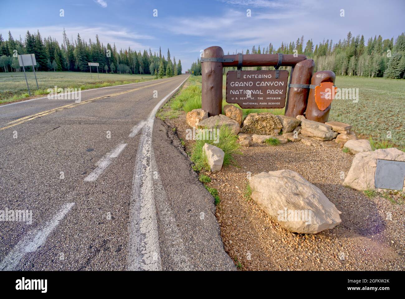 The entry sign for Grand Canyon National Park Arizona on the North Rim. Stock Photo