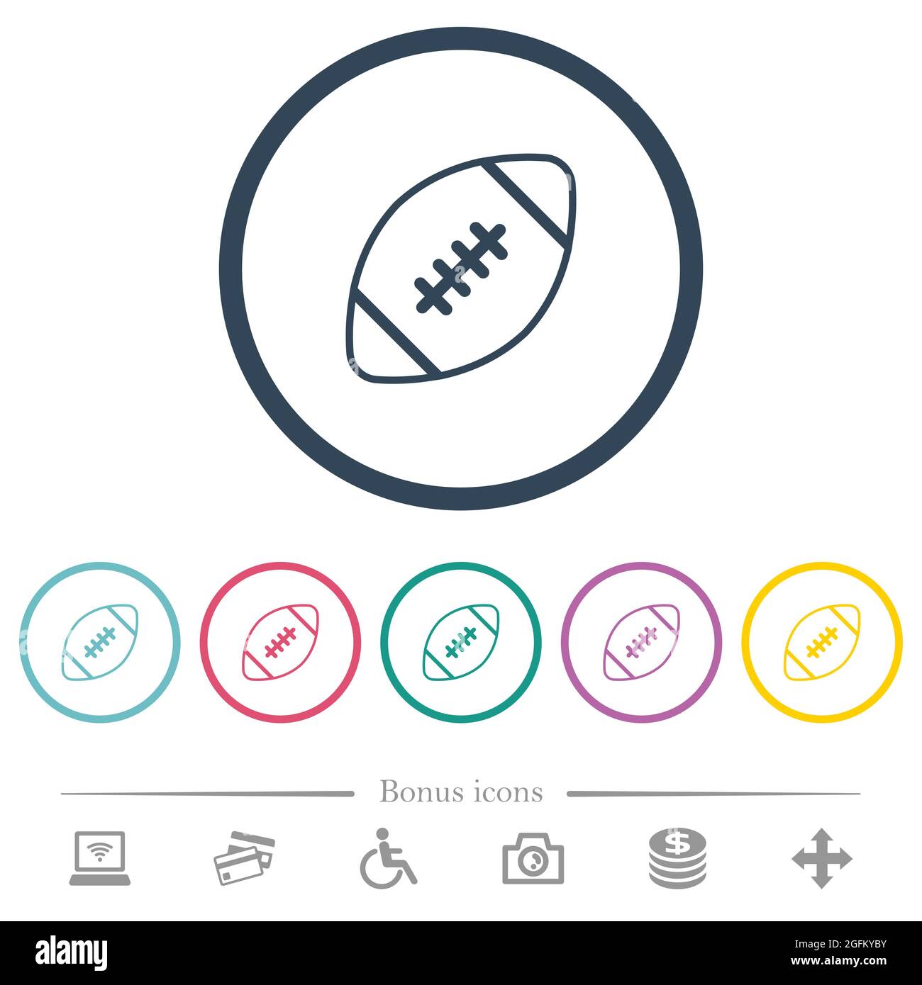 Rugby ball outline flat color icons in round outlines. 6 bonus icons