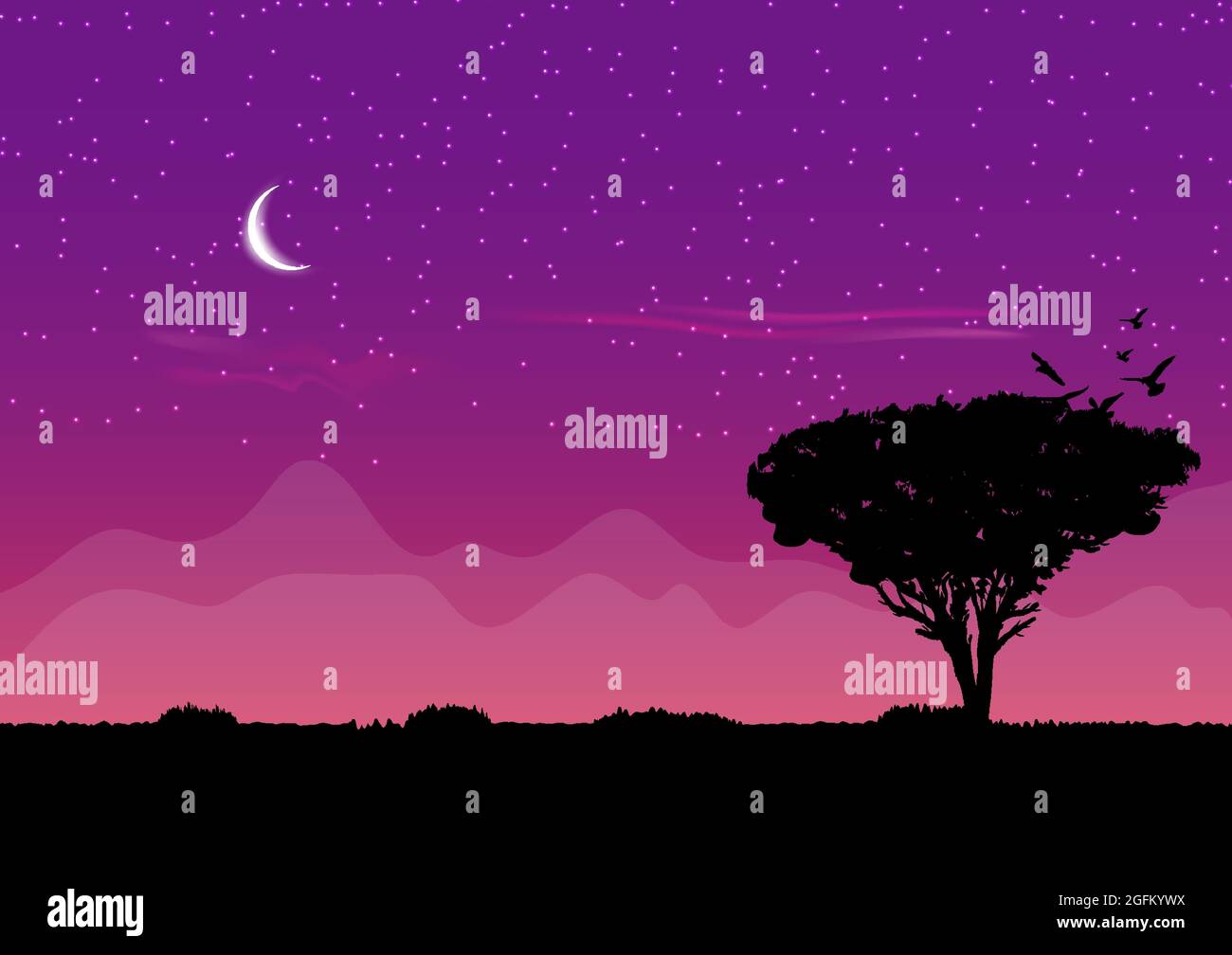 graphics design the moon and sky star with tree and grass on ground
