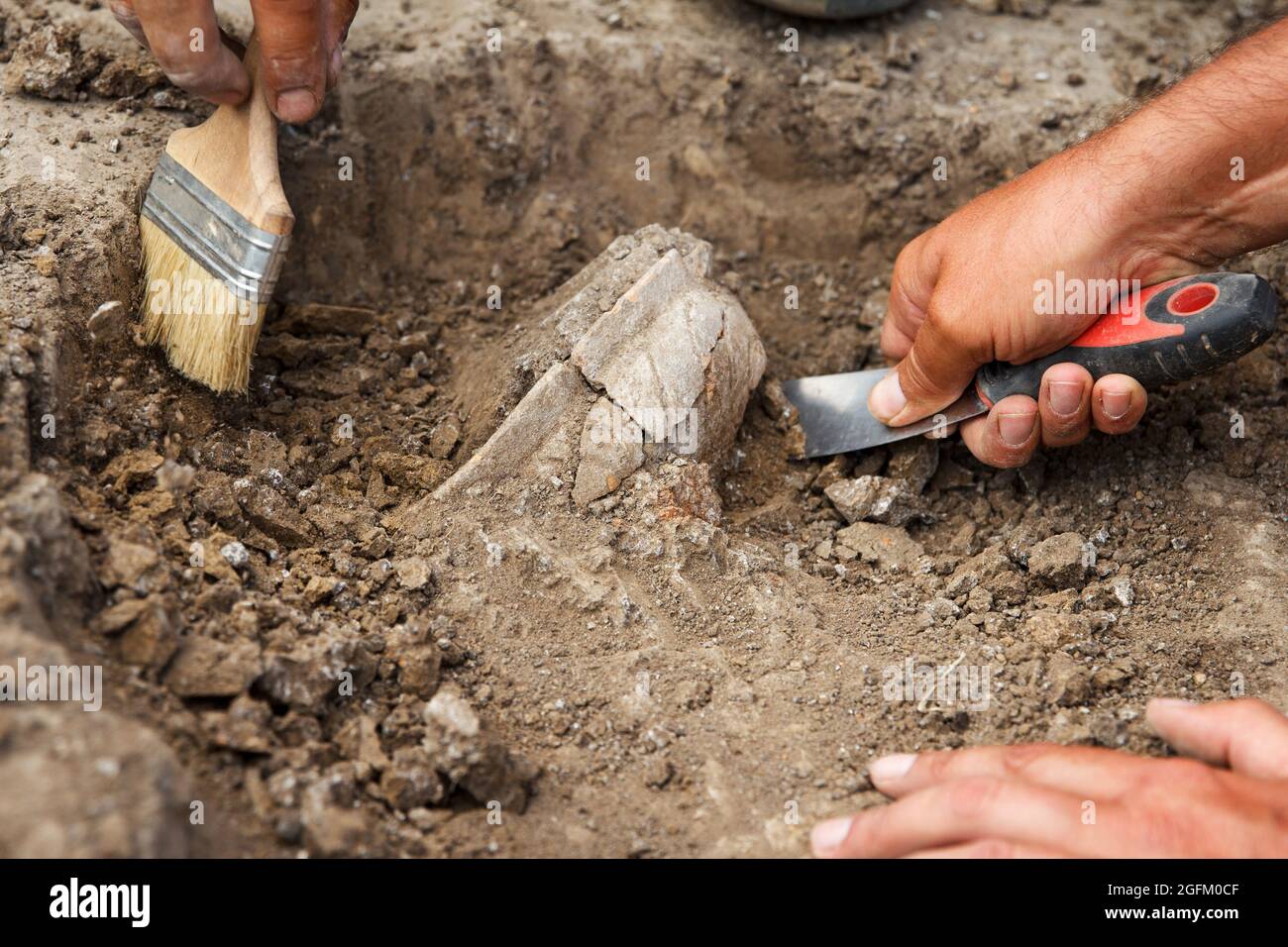 Archaeological excavations, archaeologists work, dig up an ancient clay artifact with special tools in soil Stock Photo