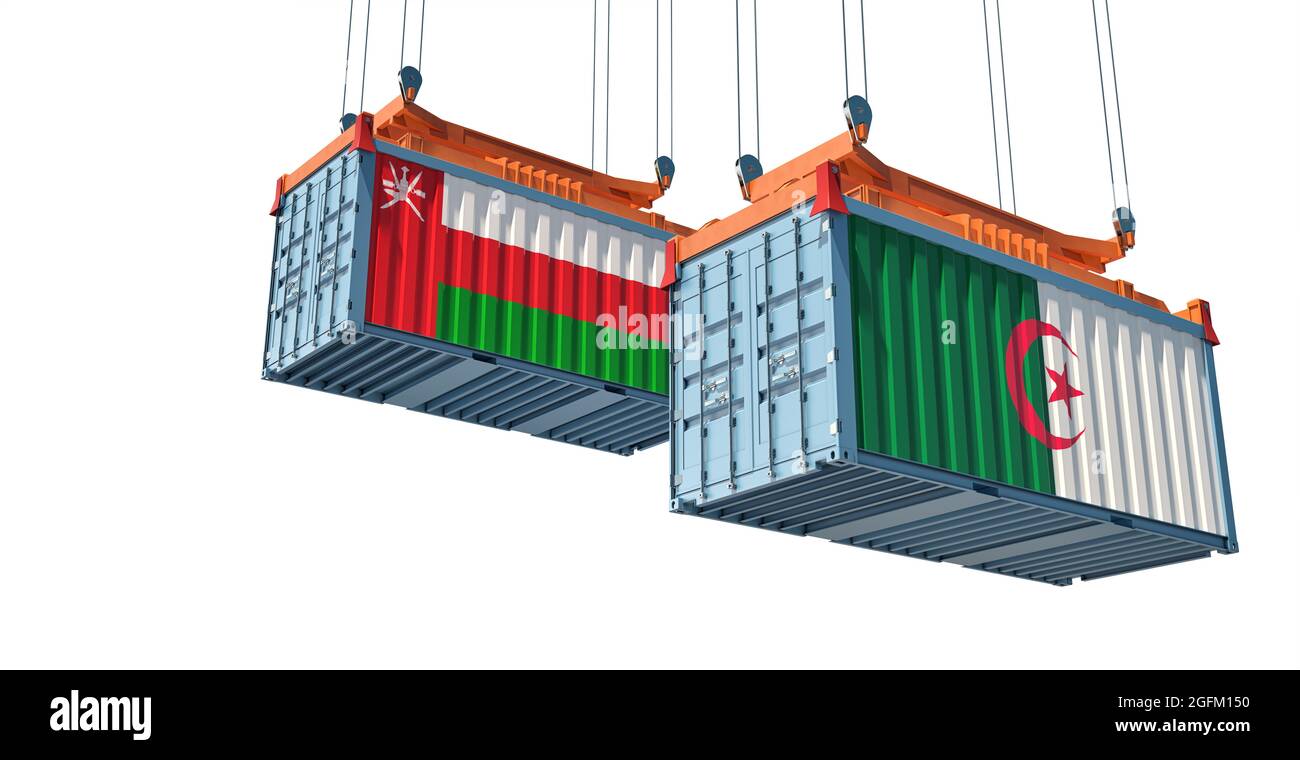 Freight containers with Algeria and Oman national flags. 3D Rendering Stock Photo