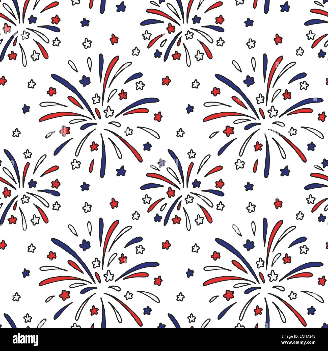 Patriotic seamless pattern with firework in USA flag colors. Vector illustration Stock Vector