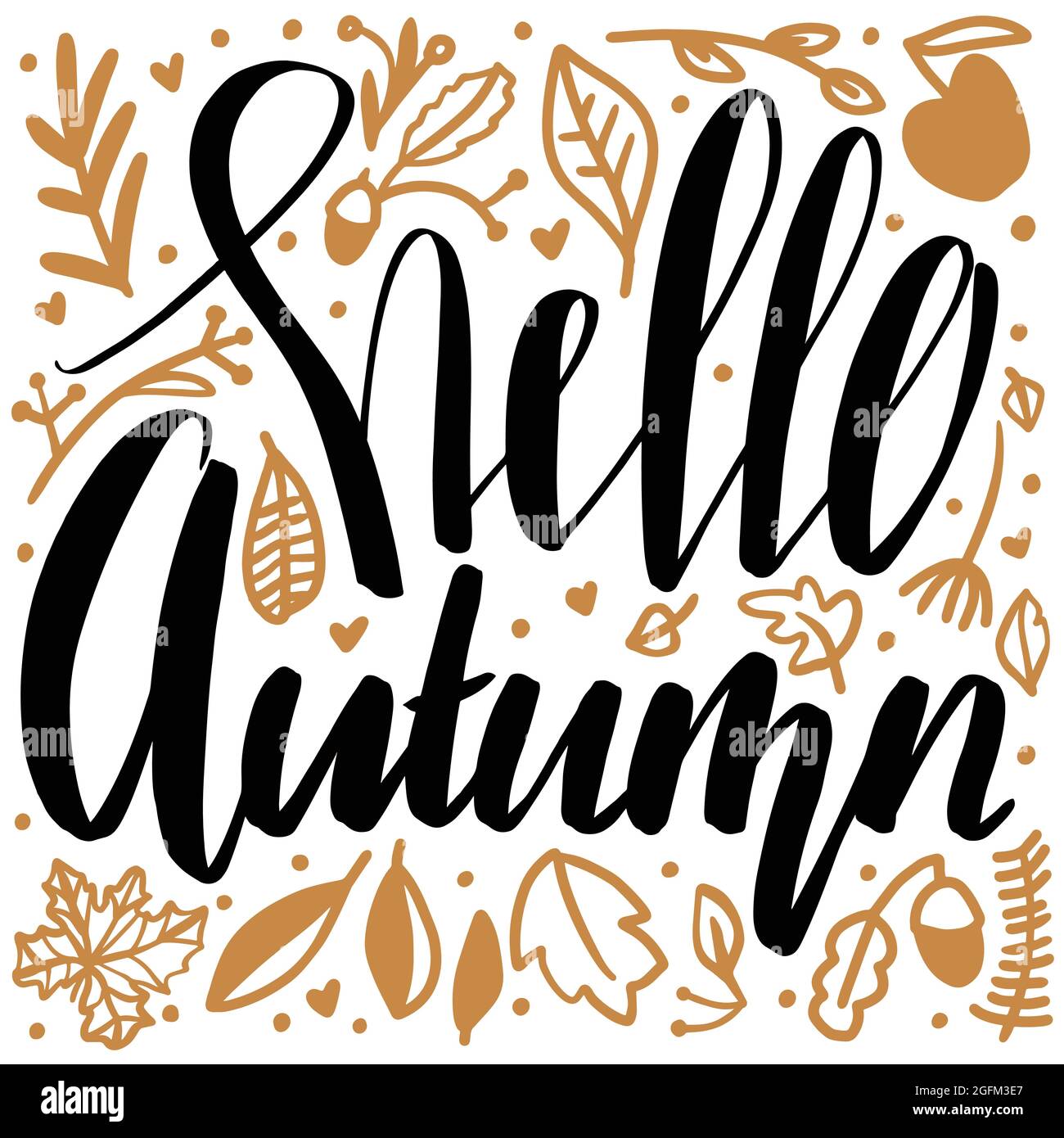 Hello Autumn lettering phrase with doodle decoration leaves elements ...