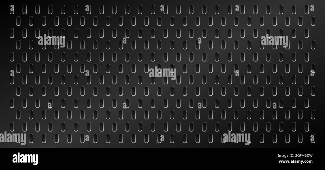 Peg board with oval holes. Rectangle black peg board perforated texture background for working bench tools. Vector illustration. Stock Vector