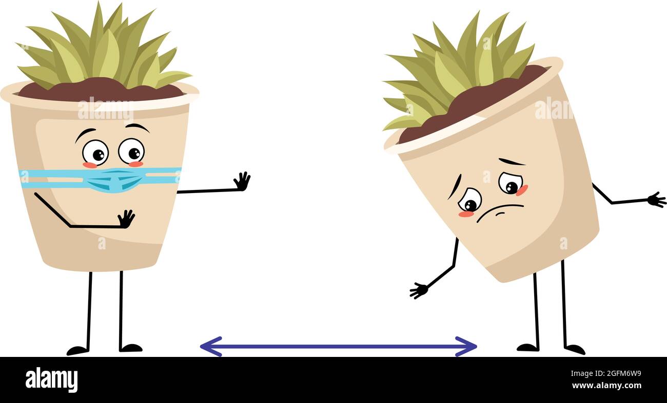 Cute character indoor plant in a pot with sad emotions, face and mask