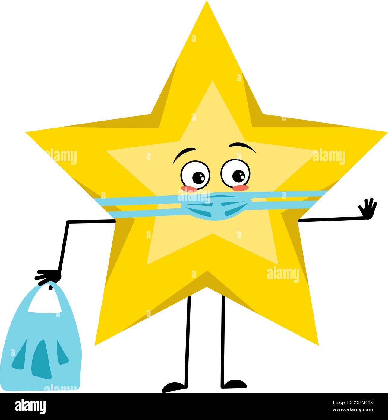 Cute star character with sad emotions, face and mask keep distance, hands with shopping bag and stop gesture. Space and weather symbol with kind expression Stock Vector