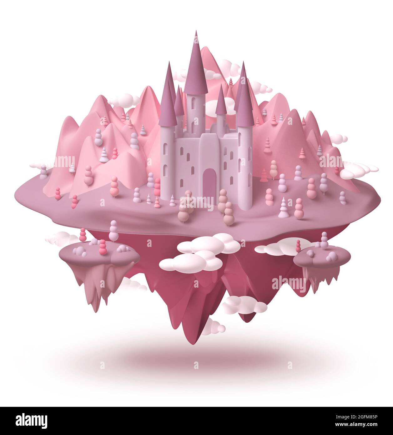 Dream castle on fantasy island pink landscape hovering in the air 3d creative childhood dream concept, isolated on white Stock Photo