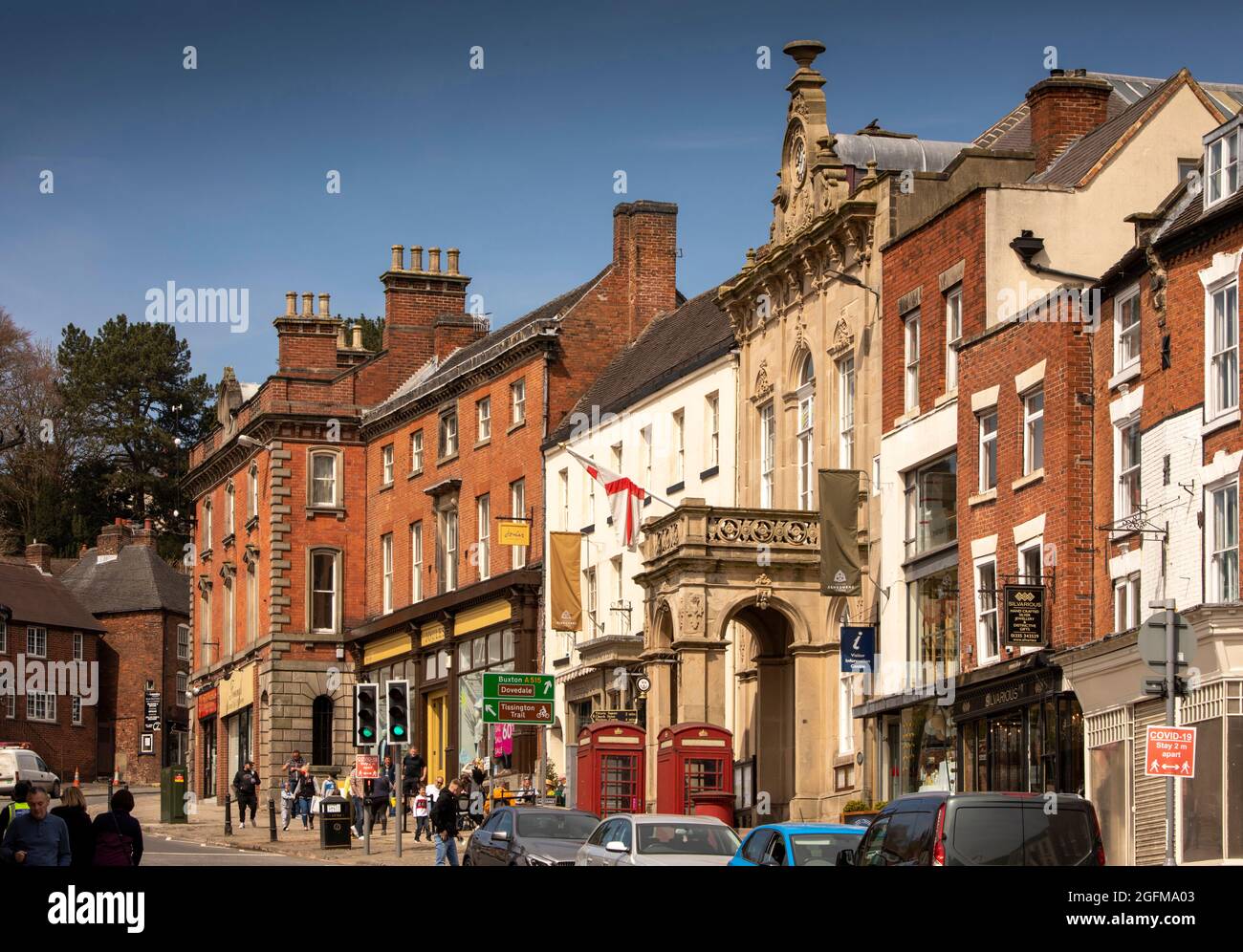 UK, England, Derbyshire, Ashbourne, Market Place, Town Hall building in old Market Hall Stock Photo