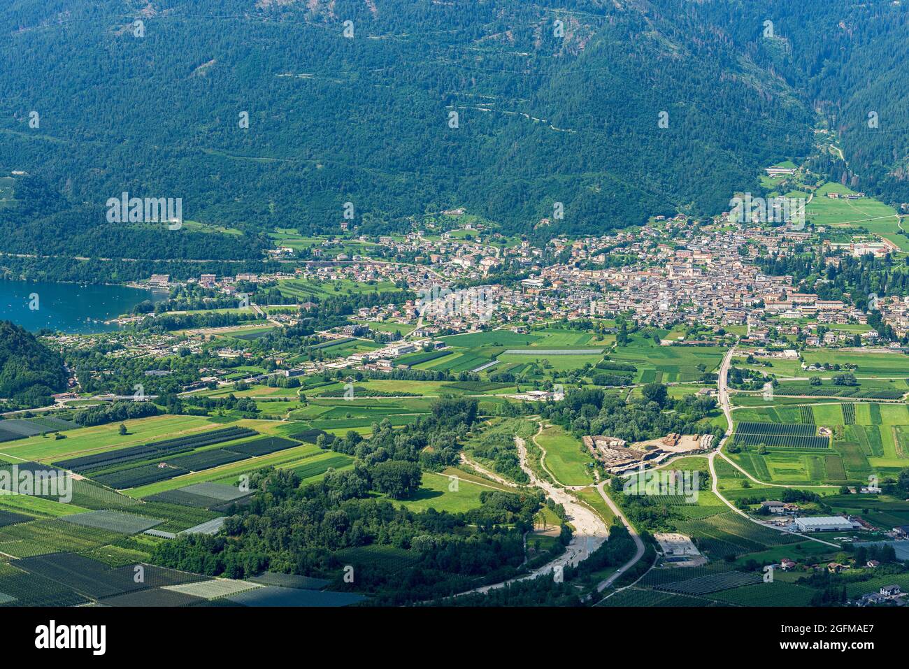 Aerial view of the small Levico Terme with the small lake (Lago di Levico), famous tourist resort in Valsugana or Sugana valley, Trento, Italy, Europe Stock Photo