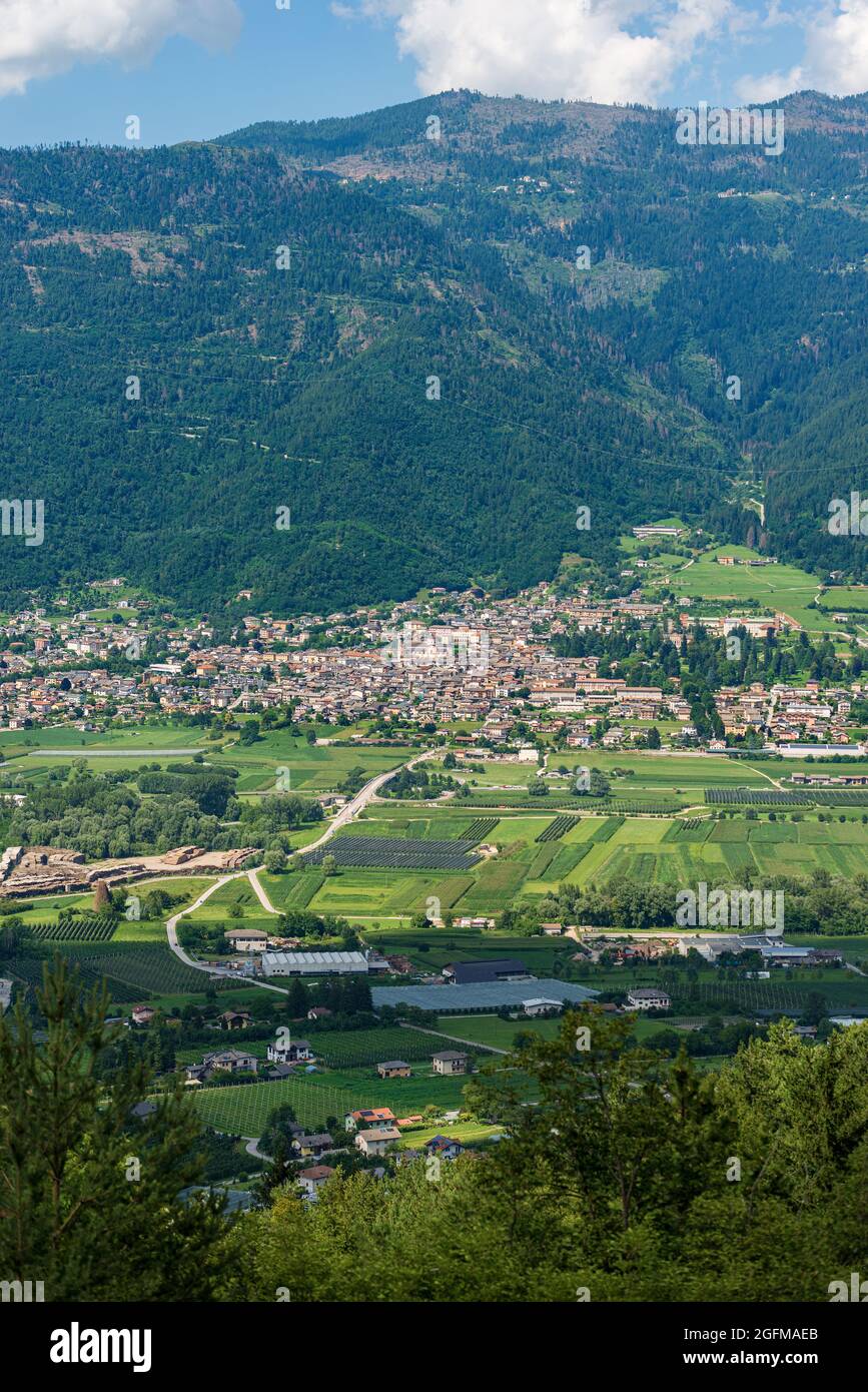 Aerial view of the small town of Levico Terme, tourist resort on the coast of Levico Lake, Valsugana, Trento, Trentino Alto Adige, Italy, Europe. Stock Photo