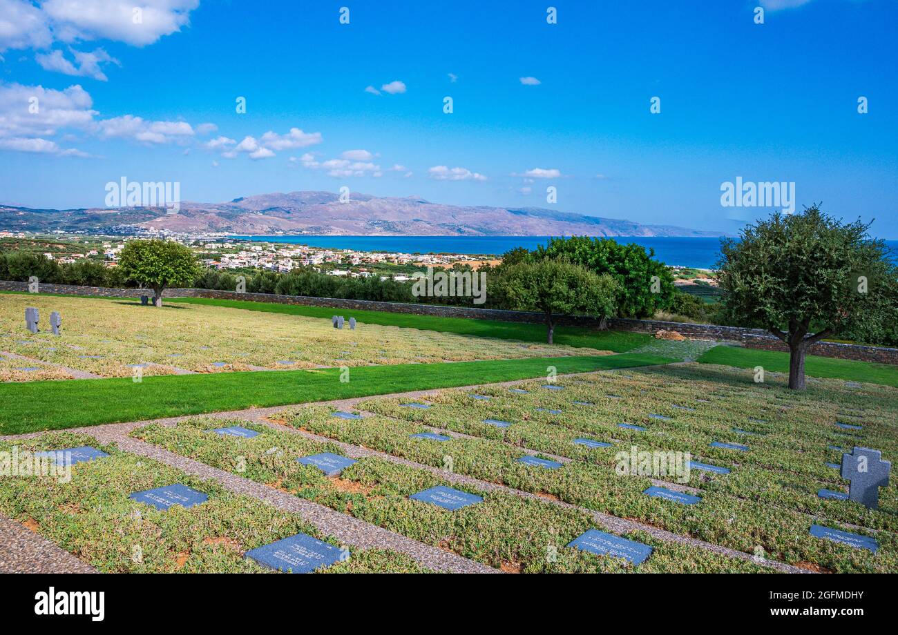 German Military War Cemetery, located in olive groves at Maleme close to Chania (Xania) on the island of Crete, Greece Stock Photo