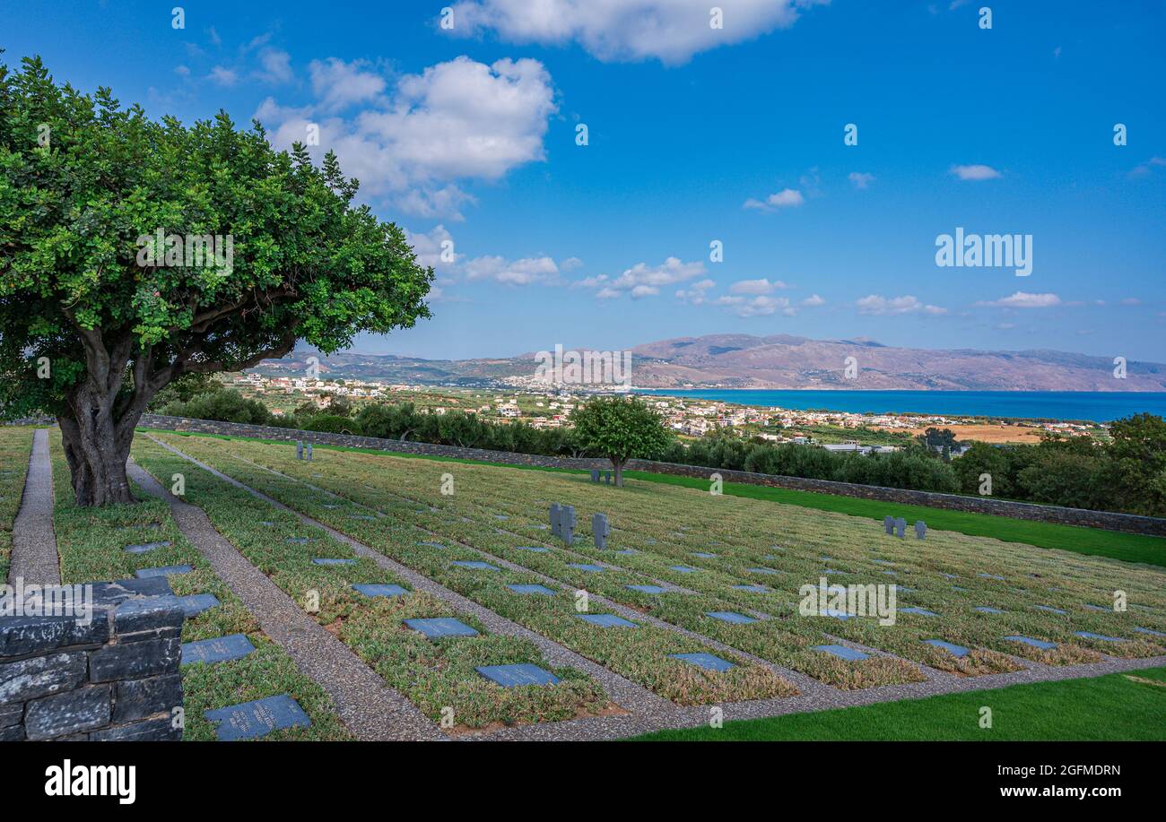 German Military War Cemetery, located in olive groves at Maleme close to Chania (Xania) on the island of Crete, Greece Stock Photo