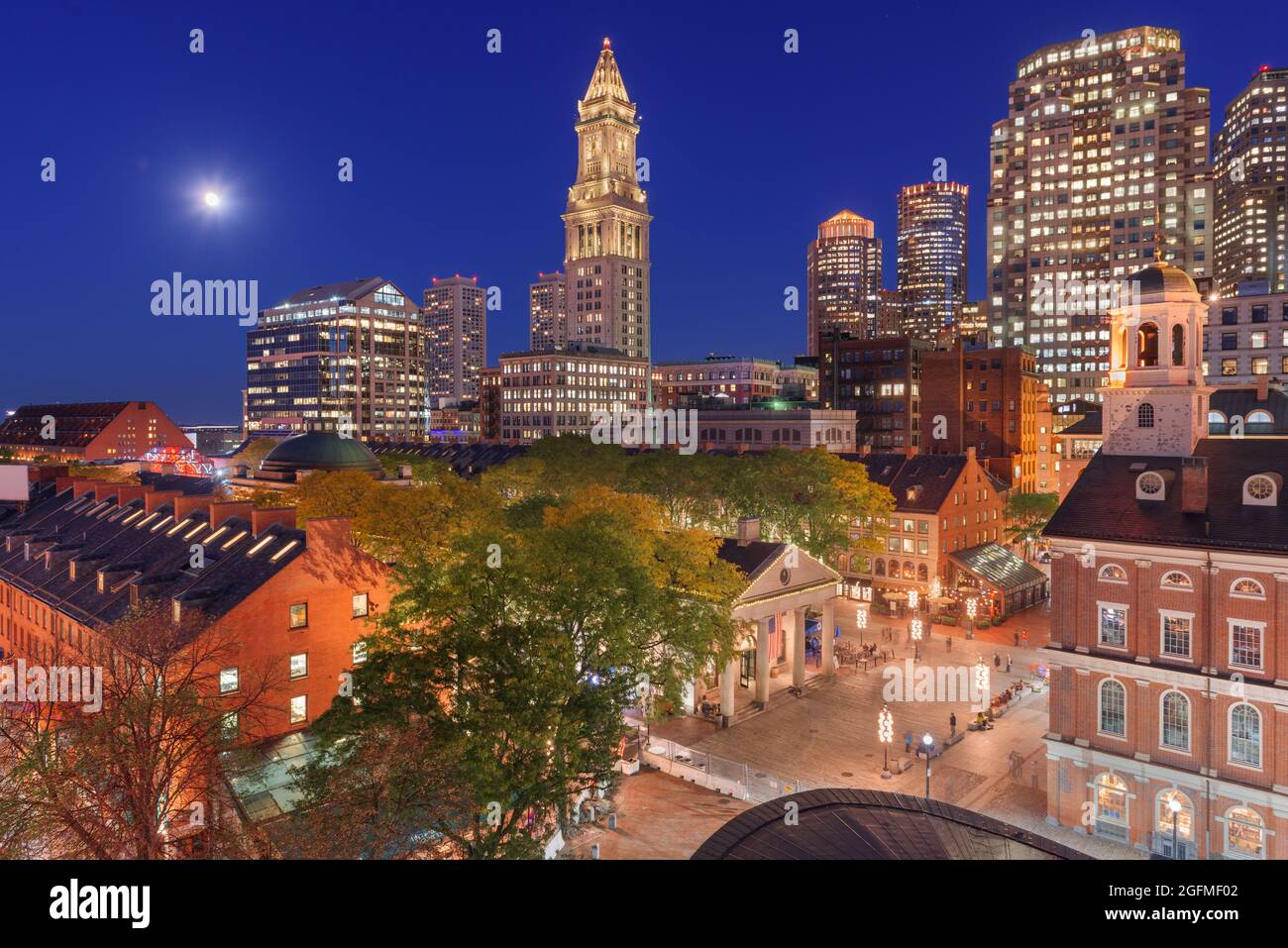 Boston, Massachusetts, USA skyline with Faneuil Hall and Quincy Market at dusk. Stock Photo