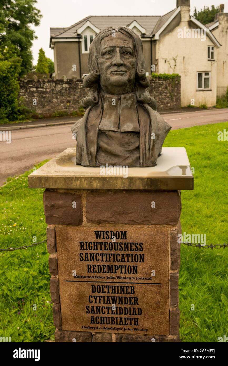 Bust of John Wesley, Non-conformist Methodist Preacher at Devauden, Monmouthshire, South Wales, UK Stock Photo