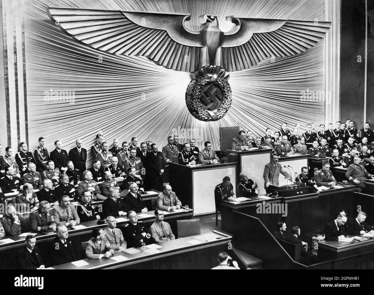 Adolf Hitler making his famous January 30 1939 speech in the Reichstag in which he 'predicted' that the Jews would start a world war and that they would be annihilated in Europe. Credit: German Bundesarchiv Stock Photo