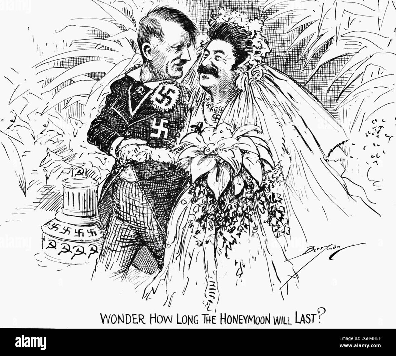 A newspaper cartoon showing Hitler and Stalin as a newly married couple with the line 'I wonder how long the honeymoon will last' Stock Photo