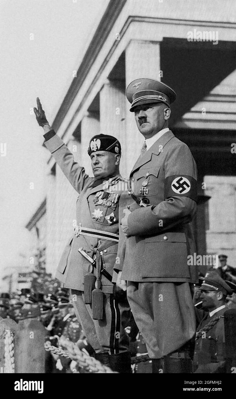 Benito Mussolini with Hitler on 25 October 1936, when the axis between Italy and Germany was declared. Stock Photo