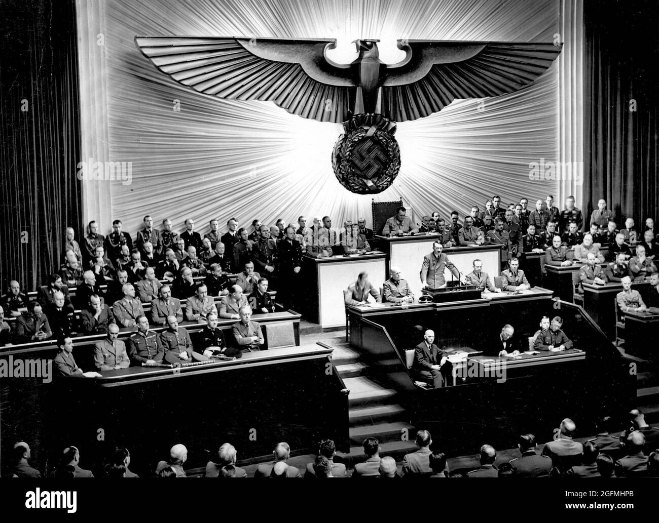 Hitler announcing the declaration of war against the United States to the Reichstag on 11 December 1941. Credit: German Bundesarchiv Stock Photo