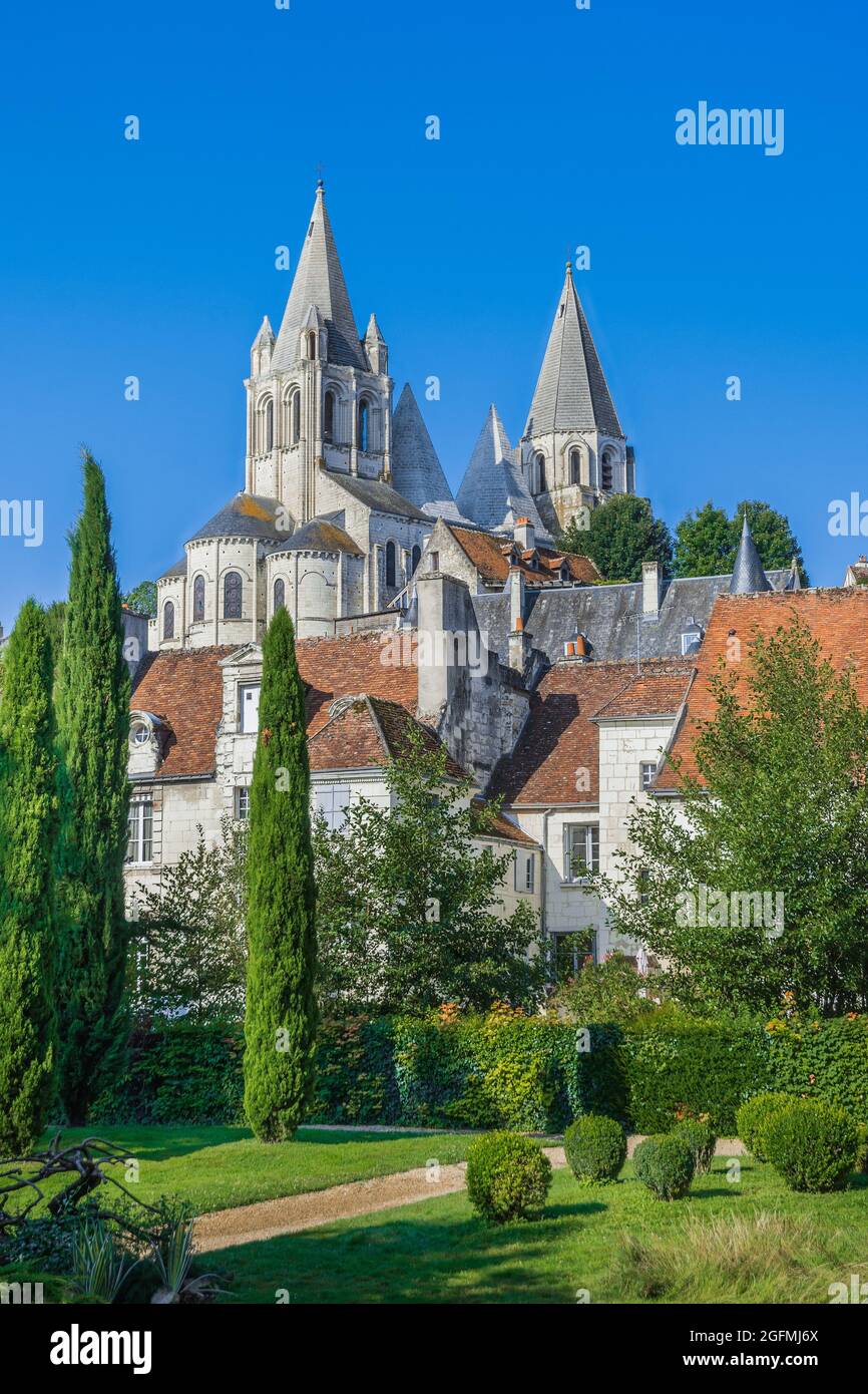 View from public gardens of the Collegiale Saint Ours church - Loches, Indre-et-Loire (37), France. Stock Photo