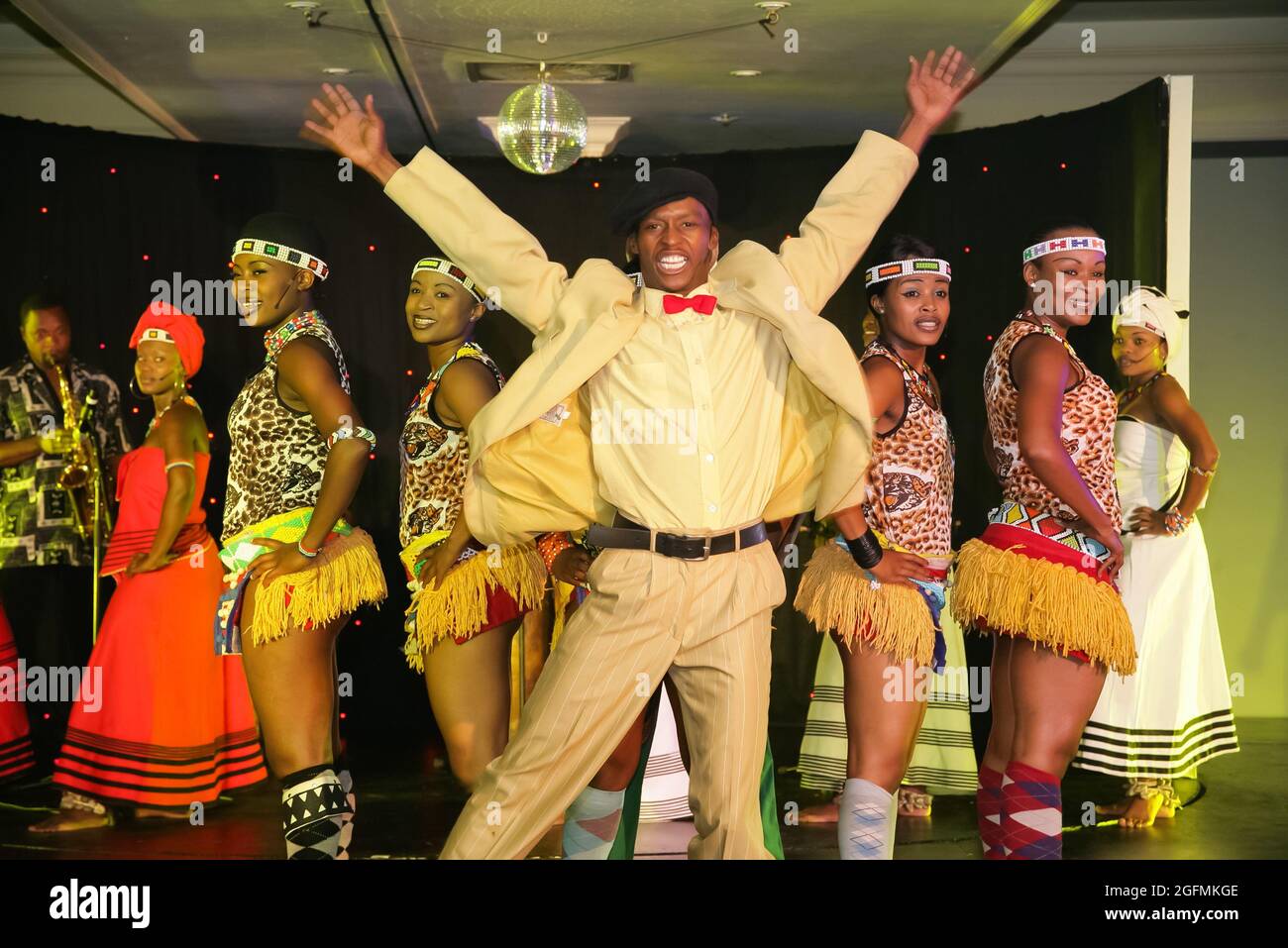 JOHANNESBURG, SOUTH AFRICA May 03, 2019 traditional African dancers with Zulu wear and blue