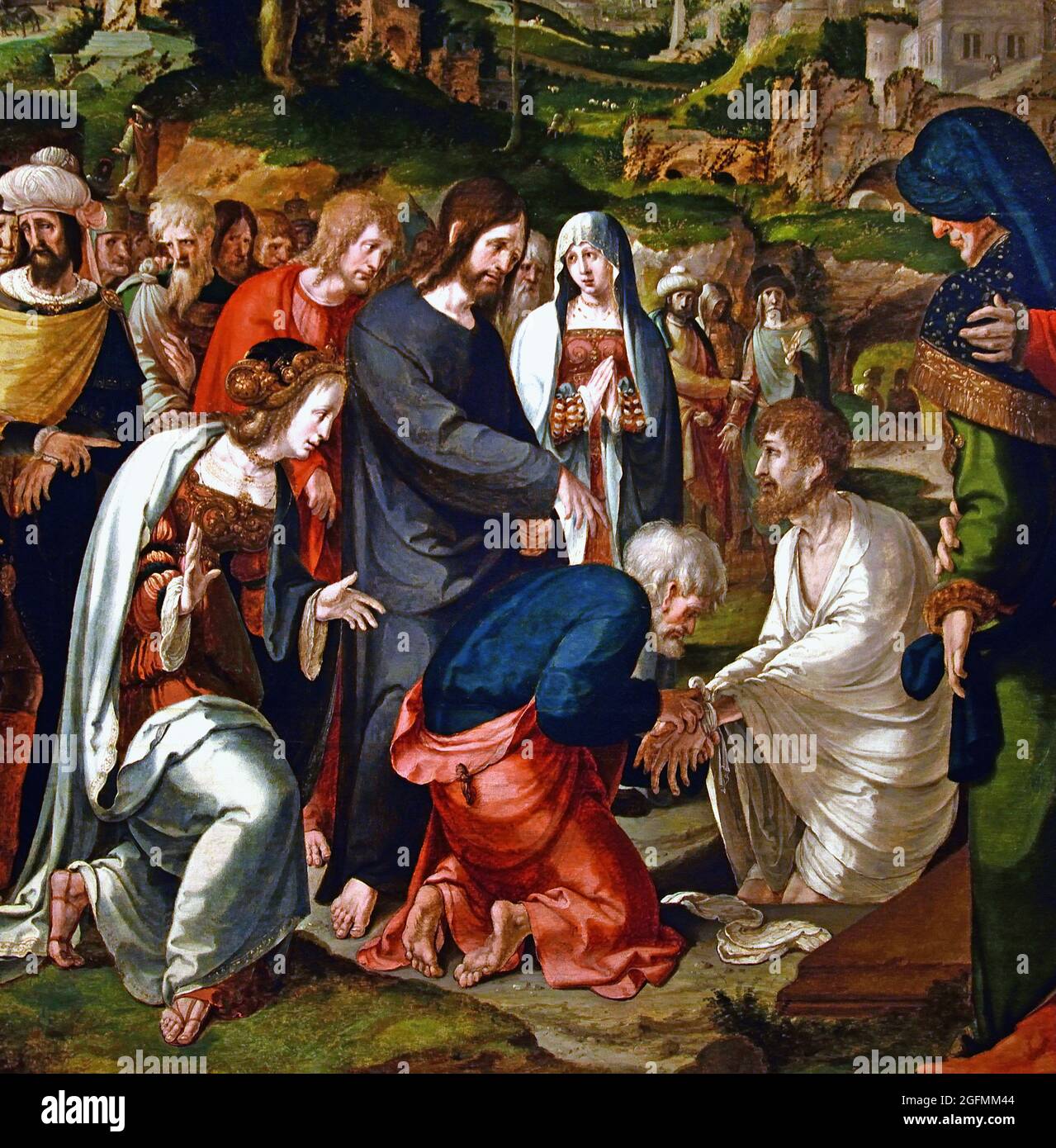 The Raising of Lazarus, Aertgen Claesz van Leyden (attributed to), 1530 -1535 oil on panel, 75.7cm ×  78.8cm  (This triptych was painted to commemorate a married couple, the man and woman shown kneeling on the wings. The central panel appropriately depicts the miracle of Christ raising Lazarus from the dead, an allusion to the promise of eternal life and the belief that death is overcome through faith in Christ.) Stock Photo