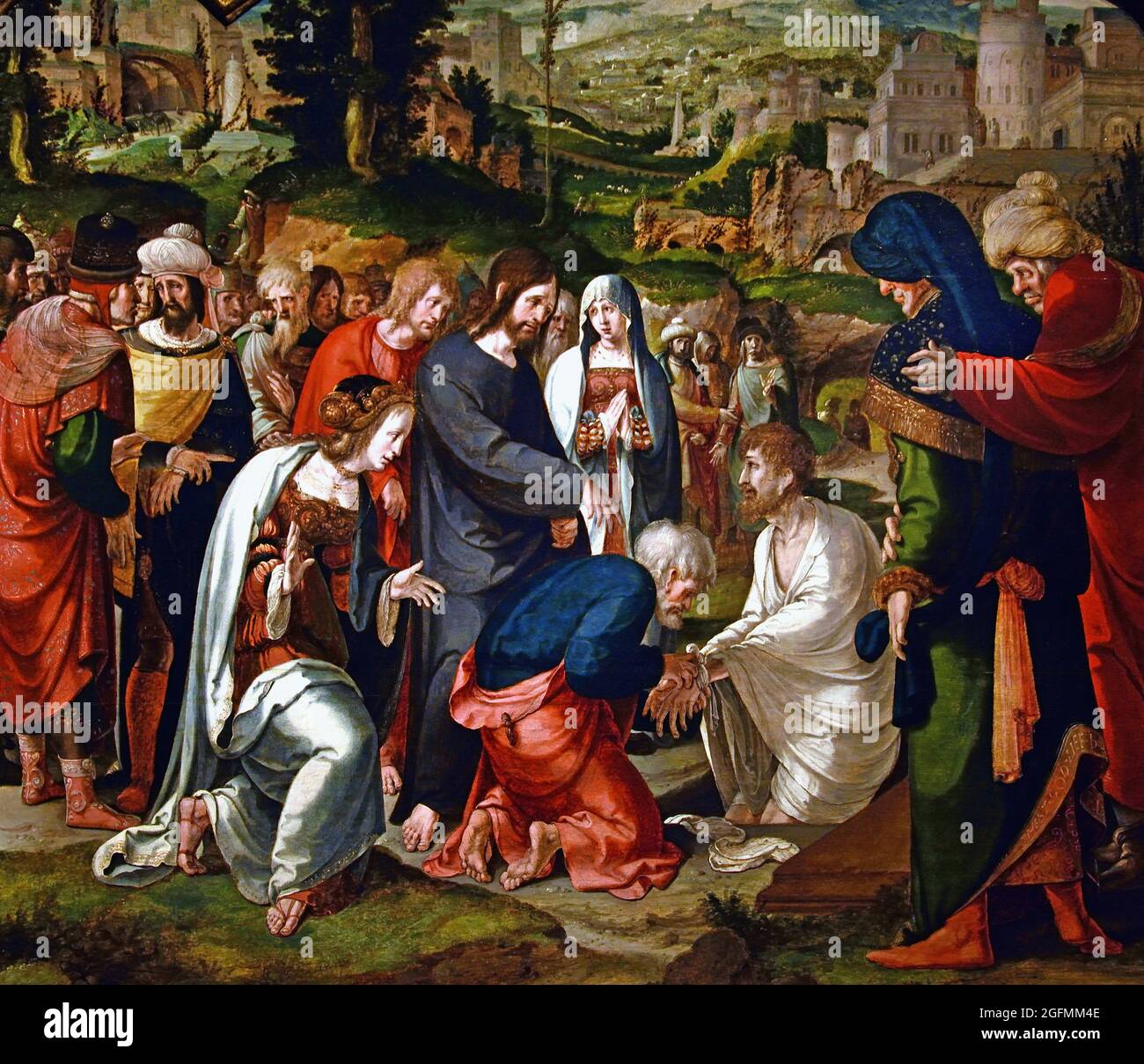 The Raising of Lazarus, Aertgen Claesz van Leyden (attributed to), 1530 -1535 oil on panel, 75.7cm ×  78.8cm  (This triptych was painted to commemorate a married couple, the man and woman shown kneeling on the wings. The central panel appropriately depicts the miracle of Christ raising Lazarus from the dead, an allusion to the promise of eternal life and the belief that death is overcome through faith in Christ.) Stock Photo