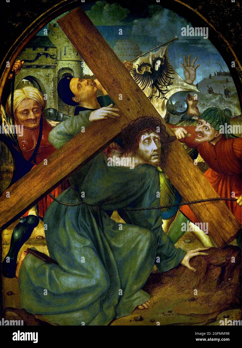 Christ Carrying the Cross, 1510 - 1515, Quinten Massijs,   oil on panel, 83×59cm,   ( Here Massijs, a leading artist in early 16th-century Antwerp, paints an intense picture of Jesus’s suffering. Jesus appears close to the foreground, connecting almost tangibly with the viewer: bloodied and bowed under the weight of the cross. This penetrating depiction helped worshippers empathise with Jesus’s pain. Dutch, The Netherlands .) Stock Photo